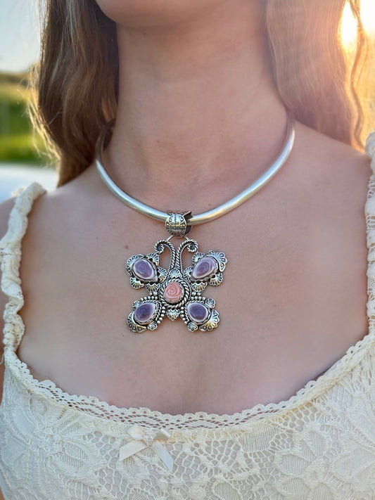 Wampum & Pink Conch Butterfly Pendant