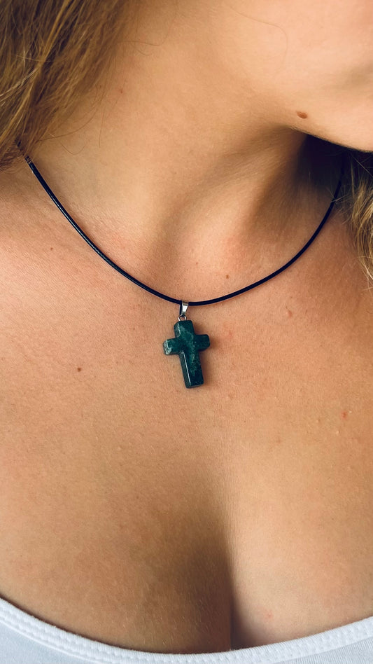 Crystal Cross Necklace - Obsidian, Sodalite, Howlite, Moss Agate