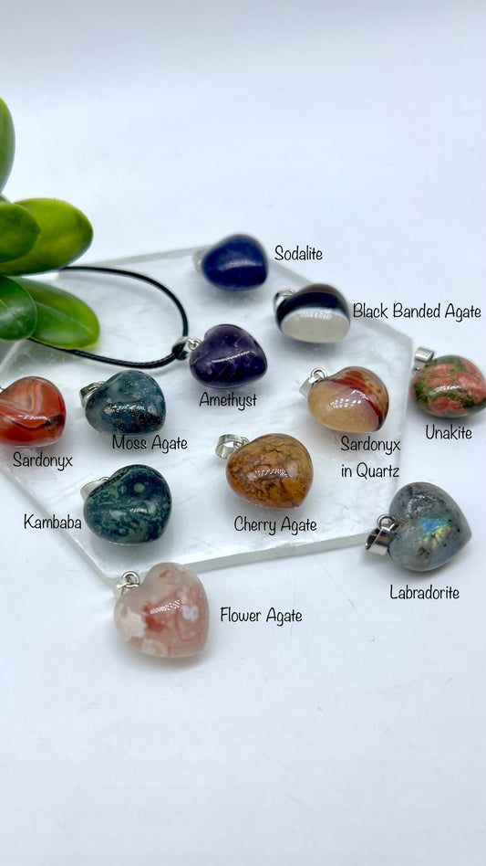 Small Heart Crystal Necklace - Flower Agate, Cherry Agate, Moss Agate, Unakite, Amethyst, Kambaba, Black Banded Agate, Sodalite, Sardonyx, Labradorite