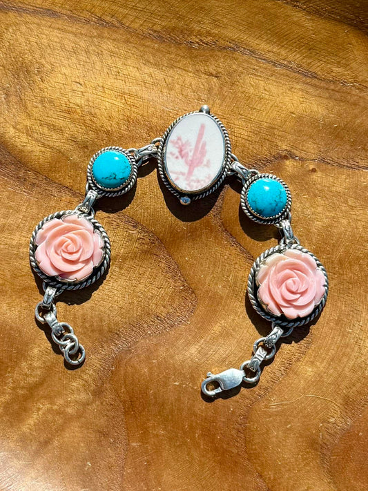 Porcelain Cactus Bracelet with Pink Conch Roses & Kingman Turquoise – Sterling Silver