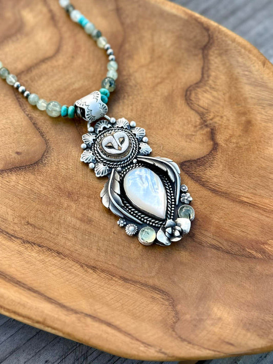 Porcelain Owl Pendant with Mother of Pearl & Prehnite – Sterling Silver