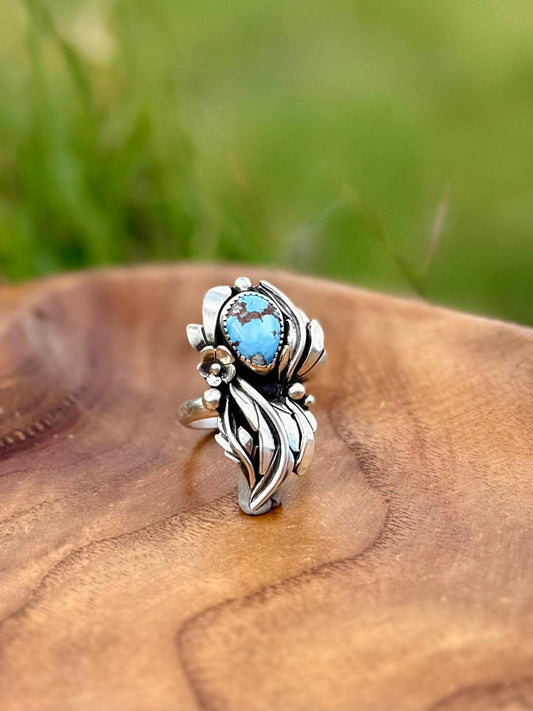 Golden Hills Turquoise Blossom Ring – Handcrafted Sterling Silver