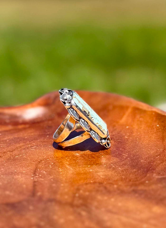 Handmade sterling silver Dry Creek Turquoise statement ring with rectangular natural turquoise stone side view