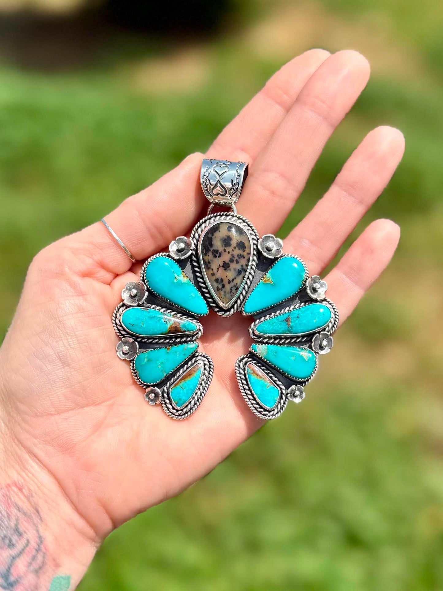 Handmade sterling silver Naja pendant with Royston turquoise and Brazilian cheetah agate statement pendant