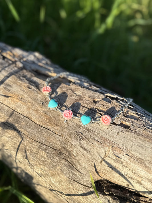 Kingman Turquoise Heart & Pink Conch Rose Adjustable Choker Necklace