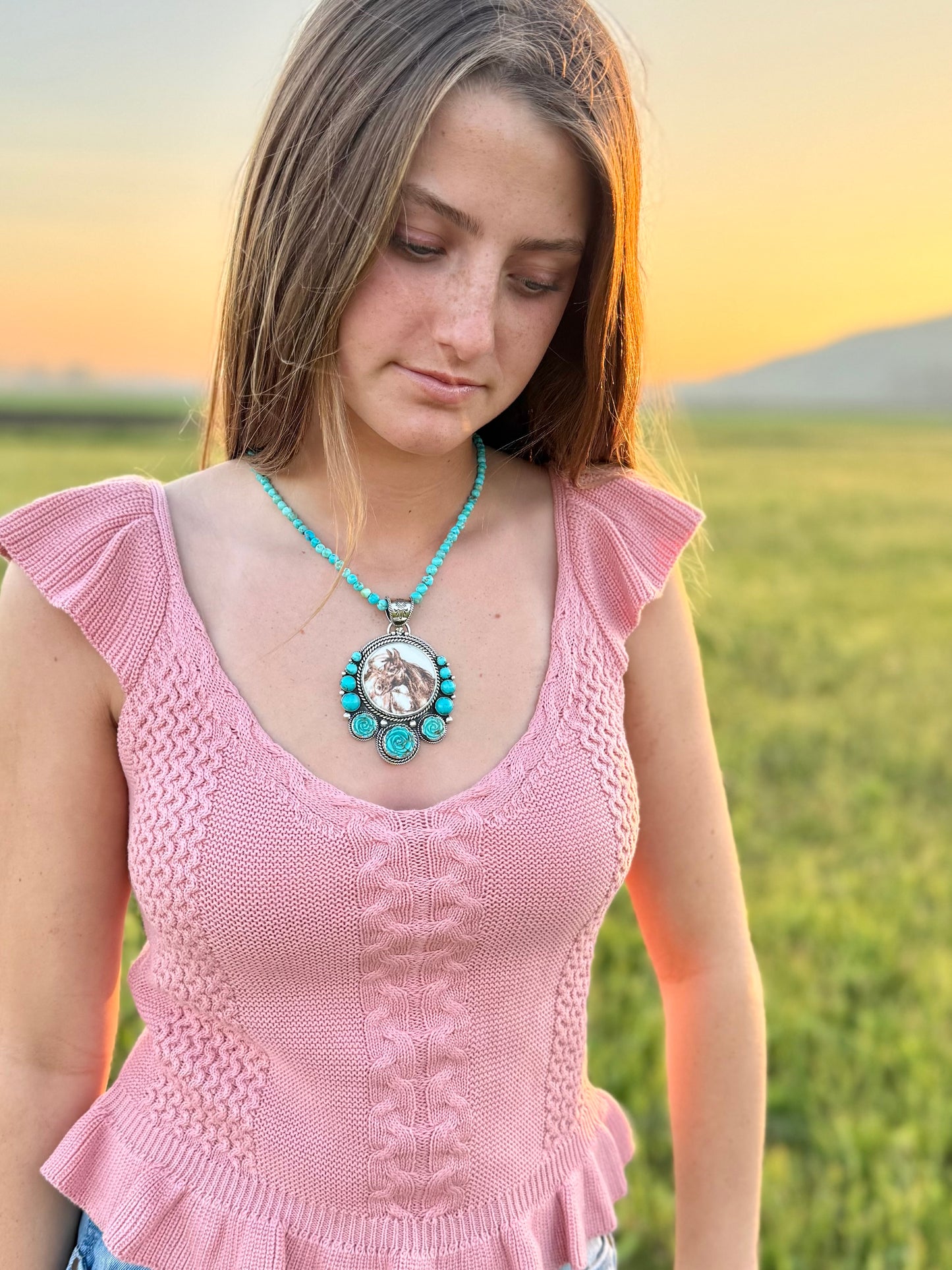 Turquoise roses and porcelain pendant worn, western boho style statement jewelry
