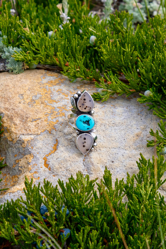 Montana Agate and Kingman Turquoise crawler ring handcrafted in sterling silver by Donnalee Silver