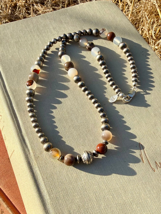 Handmade Montana agate and petrified wood necklace with sterling silver pearls from the Donnalee Silver Montana Collection