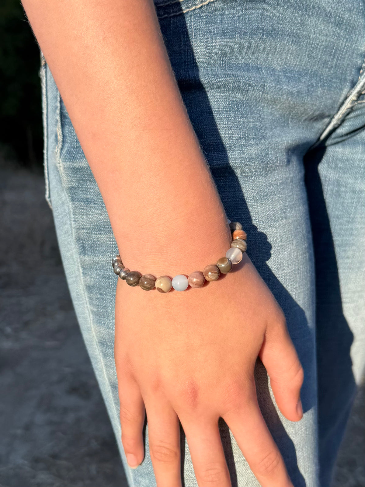 Montana Agate and Petrified Wood beaded bracelet with sterling silver pearls handmade by Donnalee Silver