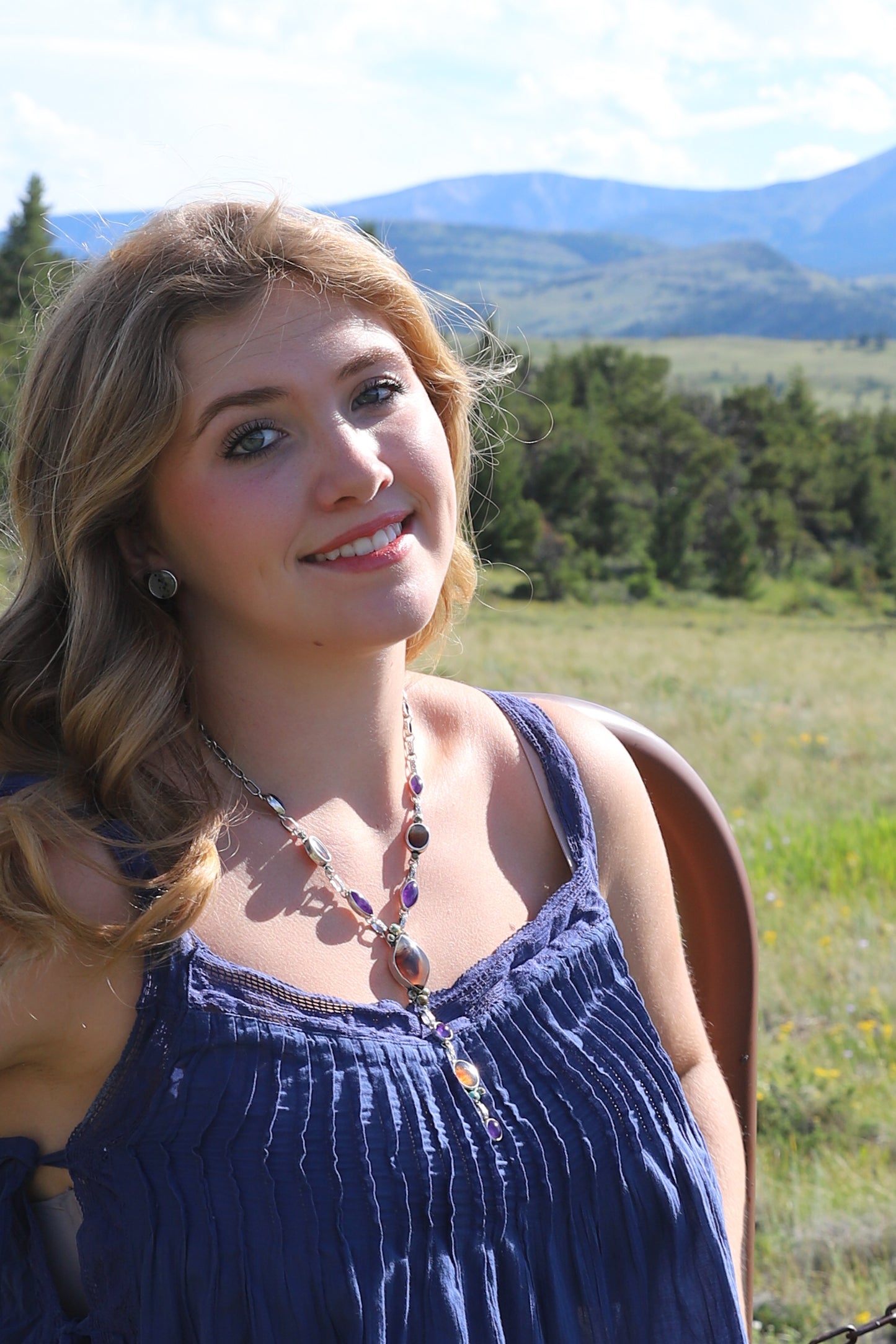 Montana Agate, Kingman Turquoise & Amethyst Lariat Necklace | Montana Collection