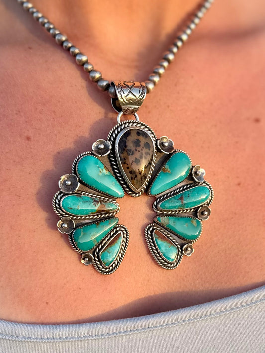 Naja Statement Pendant – Cheetah Agate, Royston Turquoise & Sterling Silver | One of a Kind
