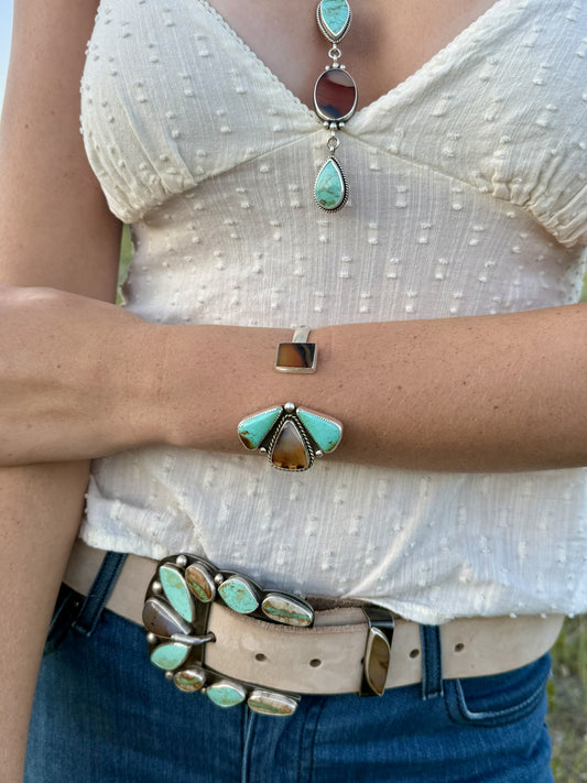 Montana Agate and Kingman Turquoise pinch petal sterling silver cuff handmade by Donnalee Silver