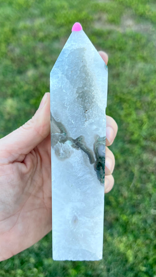 Blue Moss Agate with Calcite Tower