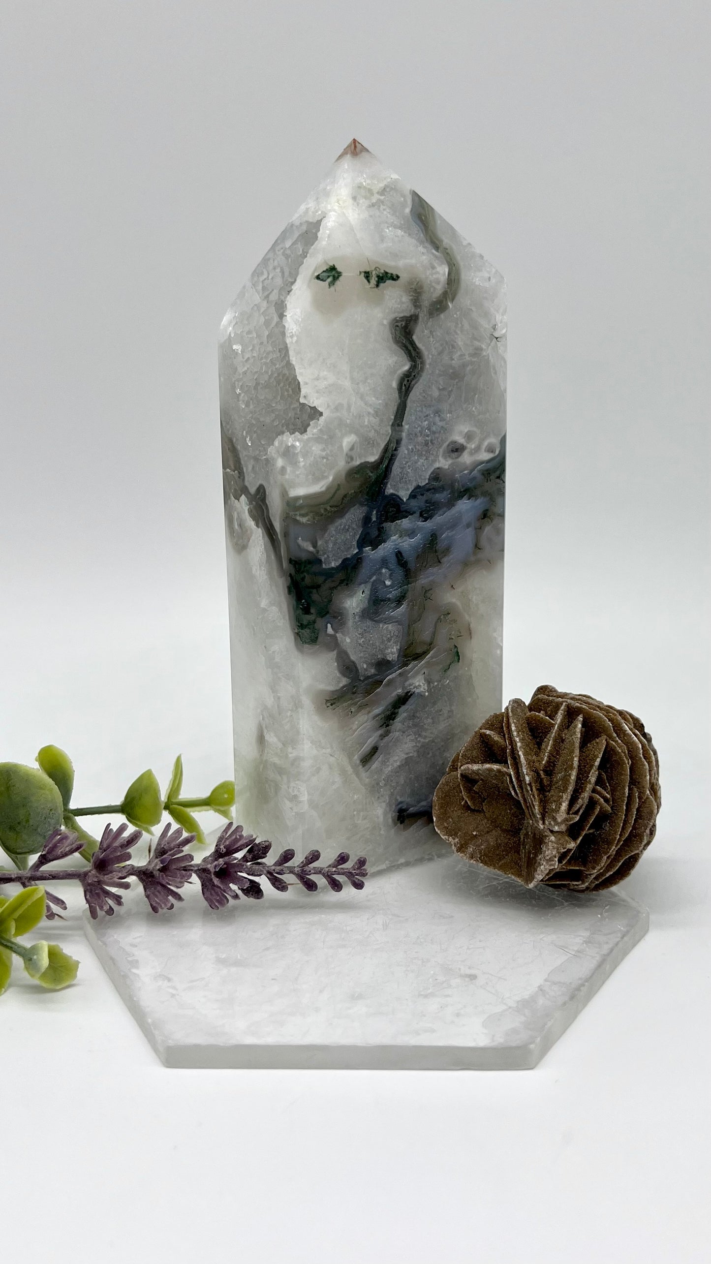 Blue Moss Agate with Calcite Tower