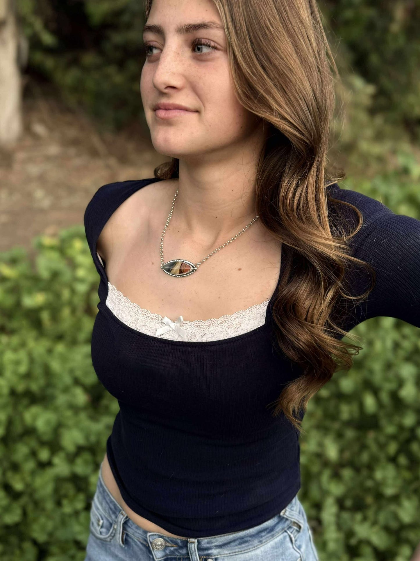 Polychrome jasper bar necklace worn, minimalist boho everyday jewelry