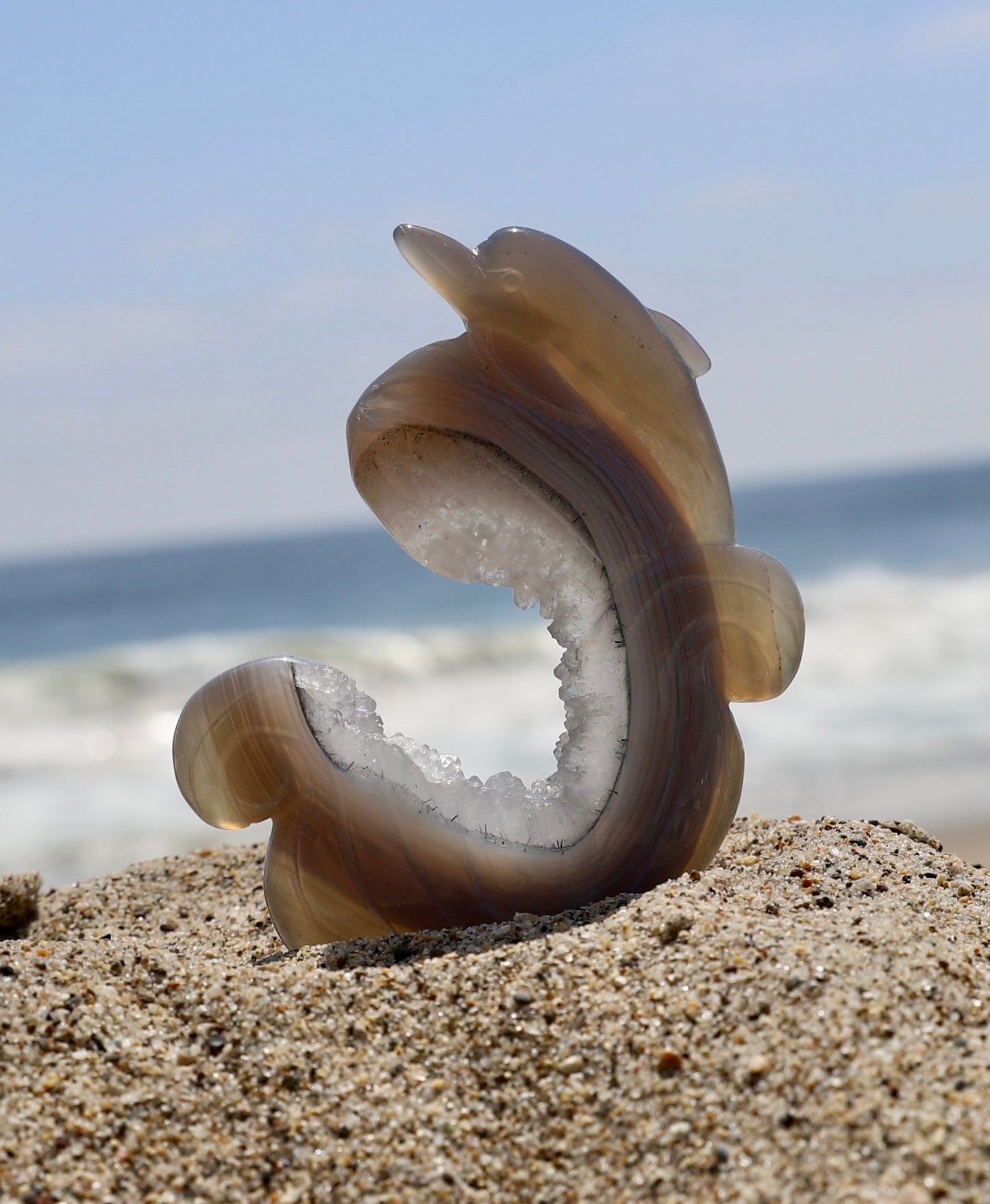Druzy Agate Dolphin Carving with dendritic
