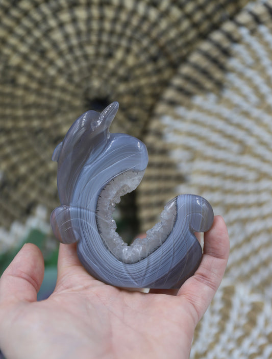 Druzy Agate Dolphin Carving with dendritic