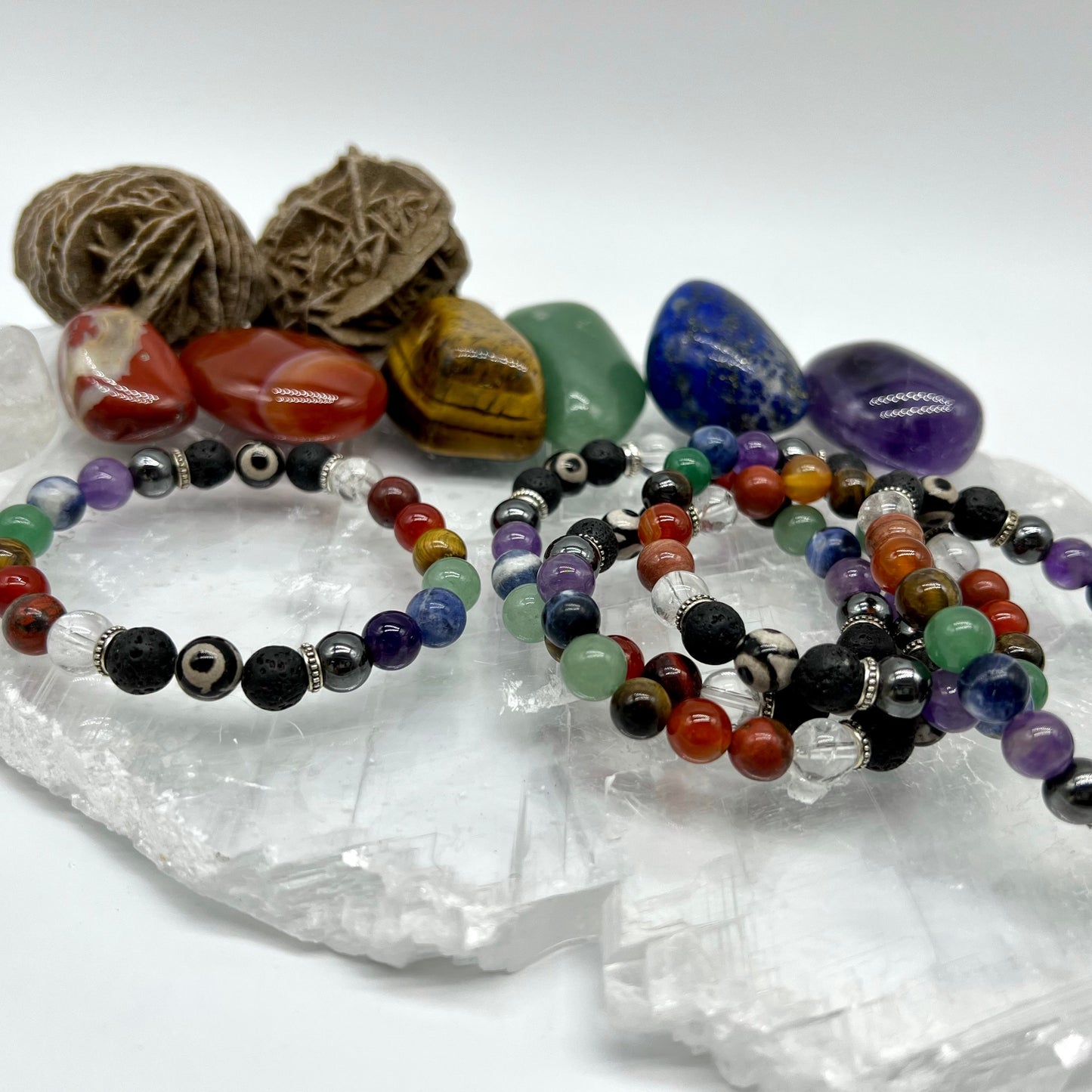7 Chakra Crystal Bracelet with Evil Eye Agate & Lava Stone - Balance, Harmony, Focus, Cleansing, Fertility, Courage