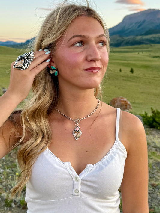 Montana Agate and Kingman turquoise sterling silver post earrings worn on ear by Donnalee Silver