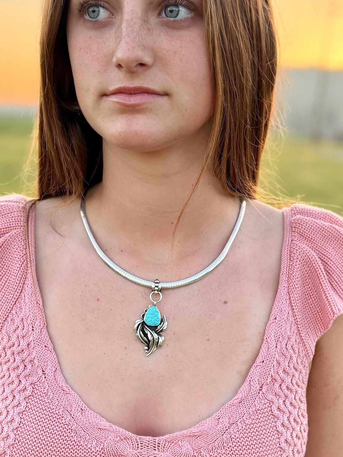 Hand Carved Persian turquoise necklace worn, boho western style jewelry