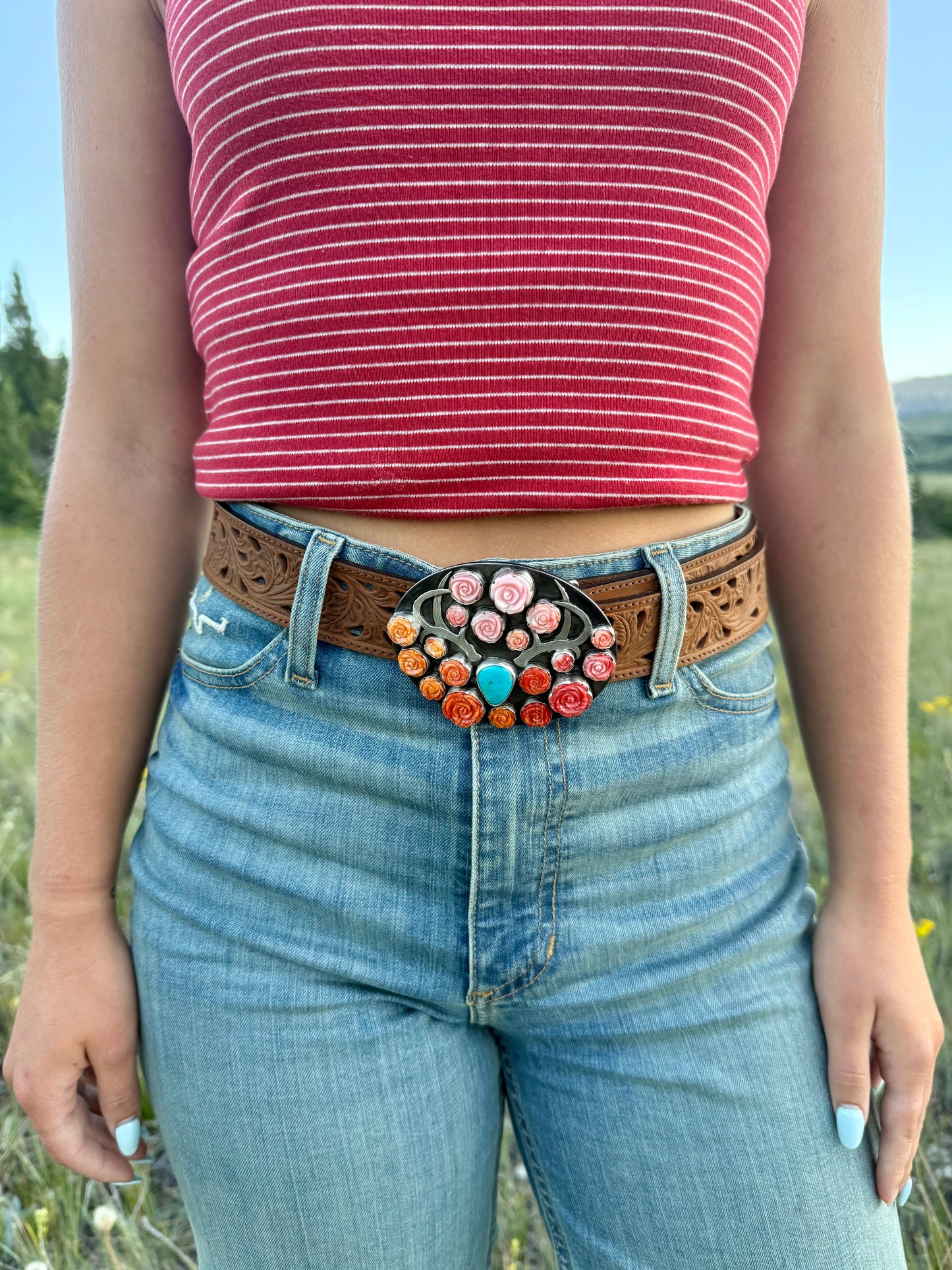 Ombre Spiny Oyster & Pink Conch Longhorn Belt Buckle | Montana Collection