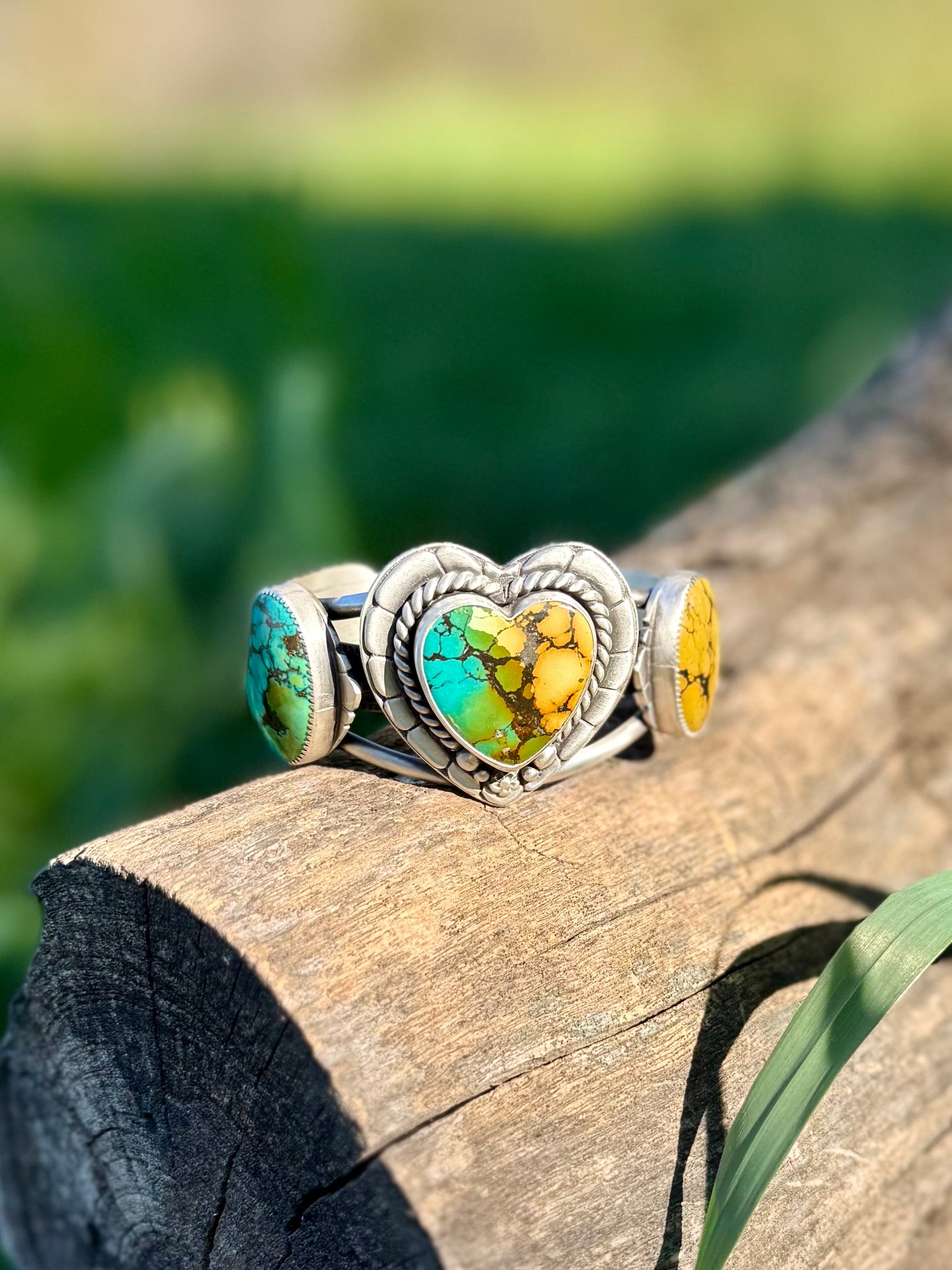 Close-up of Hubei turquoise showing natural matrix and heart design detail