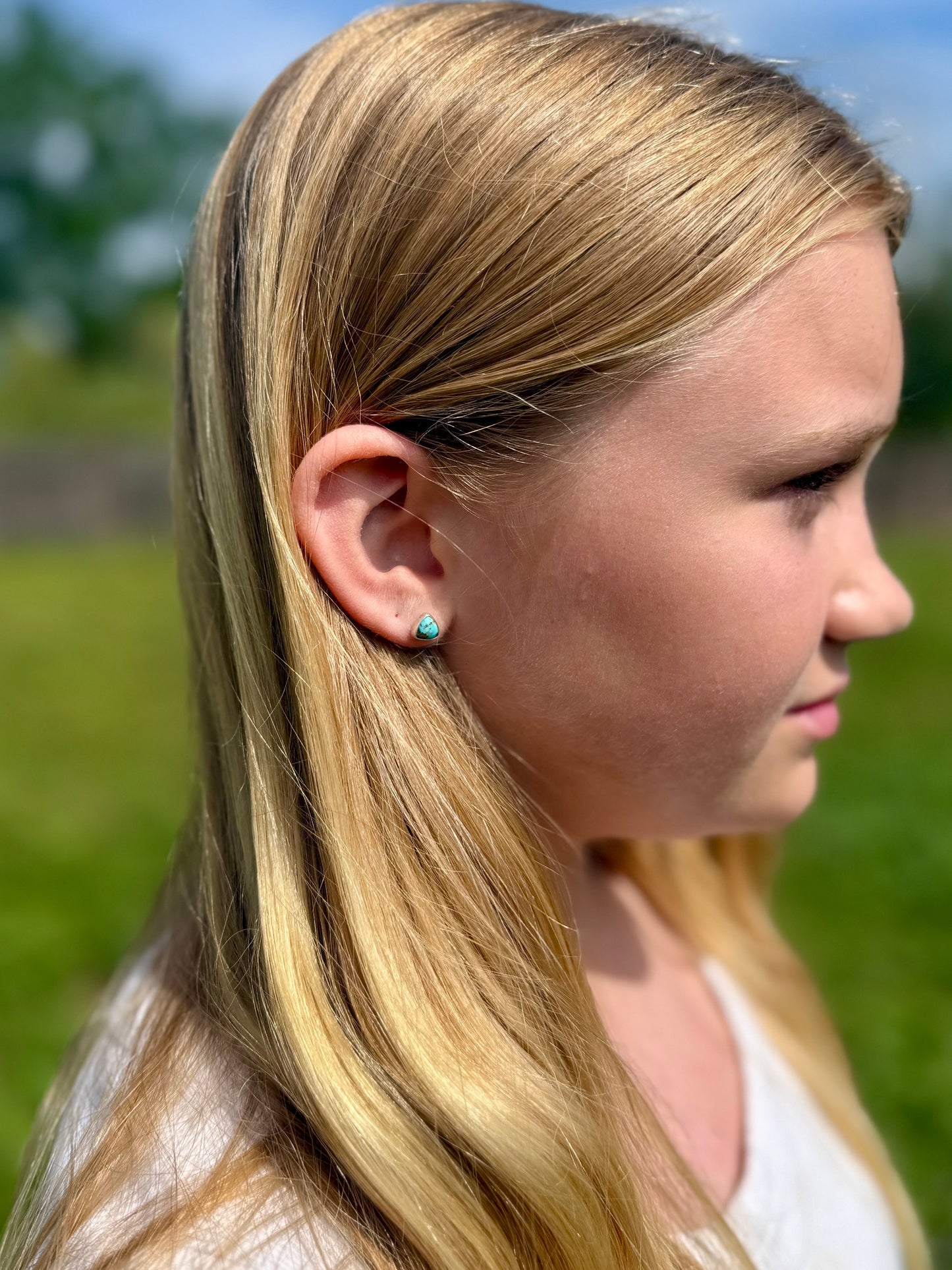 Persian turquoise and pyrite stud earrings worn, boho western everyday jewelry