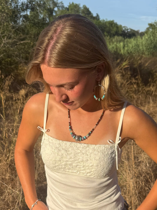 Garnet Montana Agate Amethyst Kingman turquoise and sterling silver pearl beaded necklace handmade by Donnalee Silver