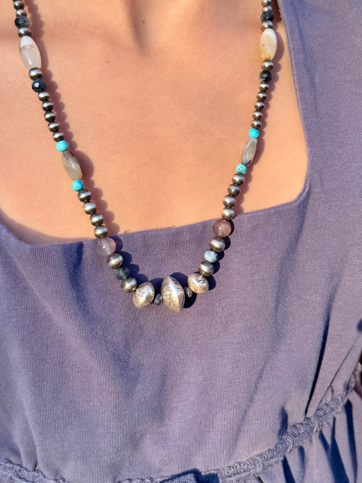 Faceted Montana Agate and Sapphire beads with Kingman turquoise and sterling silver pearls in handmade gemstone necklace