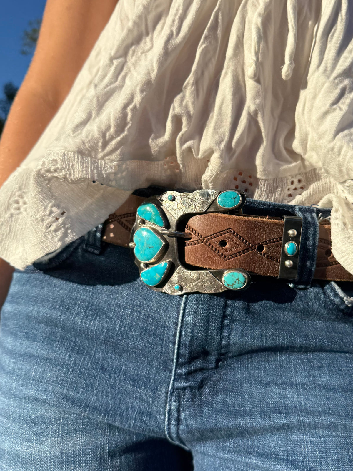 Hand Engraved Kingman Turquoise Belt Buckle & Keeper | Montana Collection