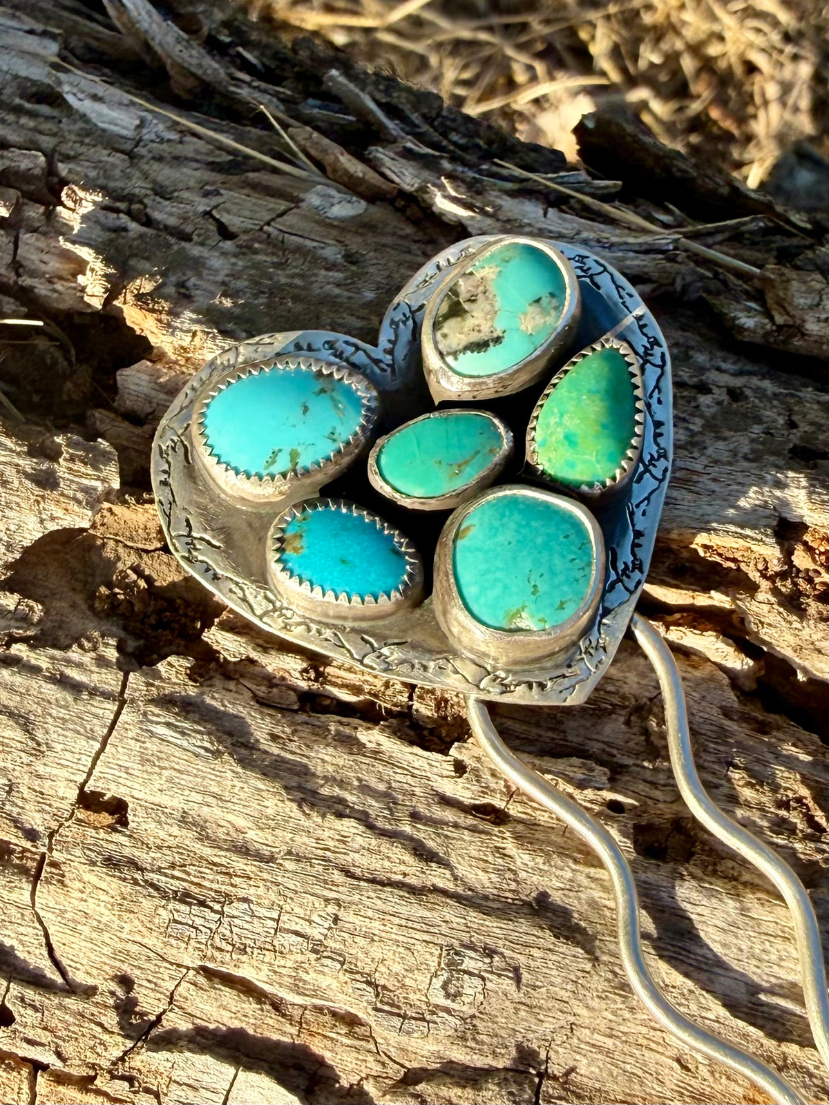 Mixed Turquoise Heart Sterling Silver Hair Pin | Ear Mountain | Montana Collection