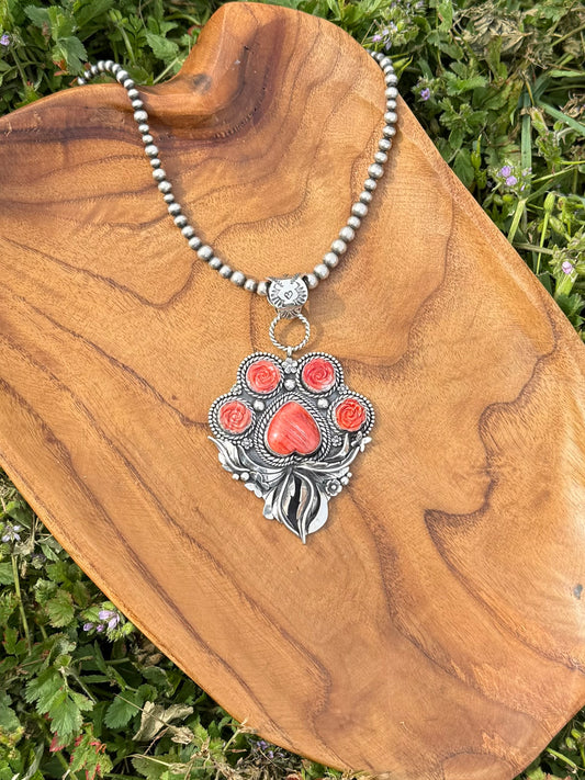 Handmade red spiny oyster paw pendant in sterling silver, large dog lover statement necklace inspired by golden retrievers