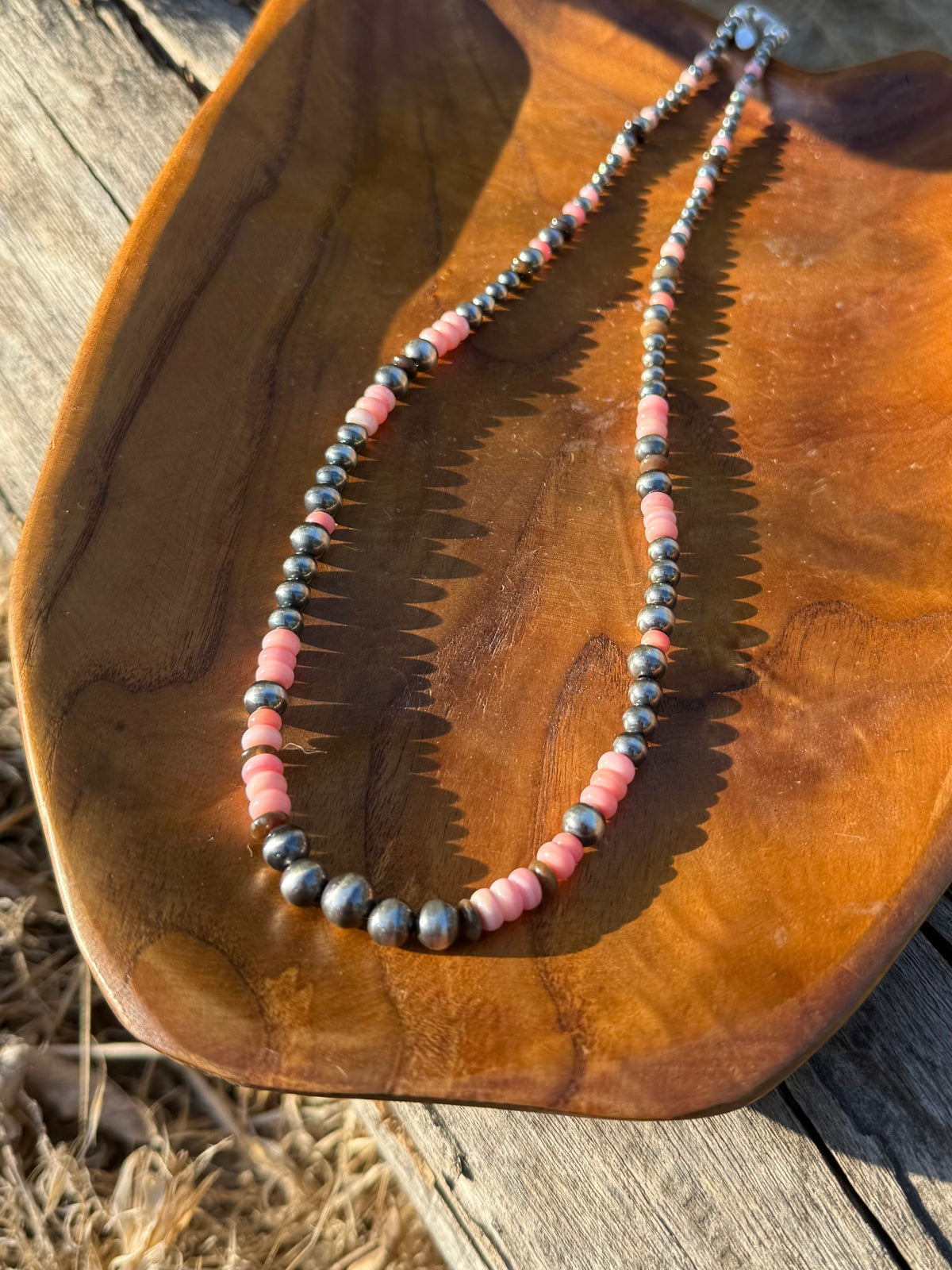 Handmade Montana Agate and Pink Conch necklace with sterling silver pearl beads from the Montana Collection