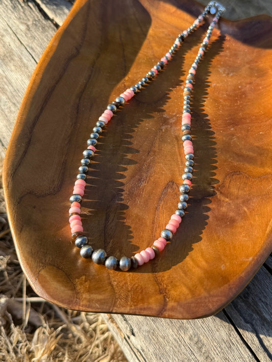 Handmade Montana Agate and Pink Conch necklace with sterling silver pearl beads from the Montana Collection