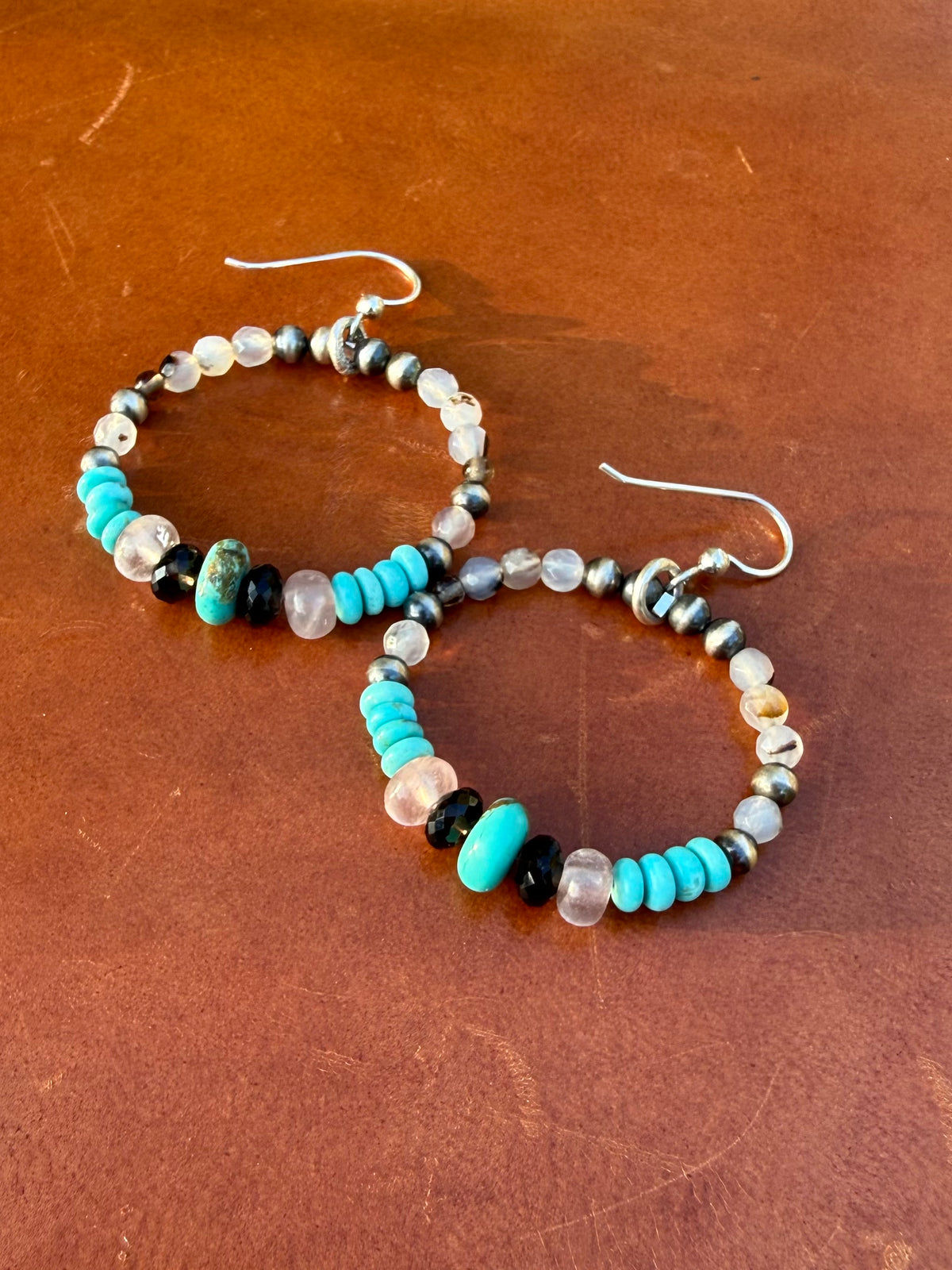 Montana Agate Kingman turquoise Smoky Quartz Rose Quartz and sterling silver hoop style fishhook earrings