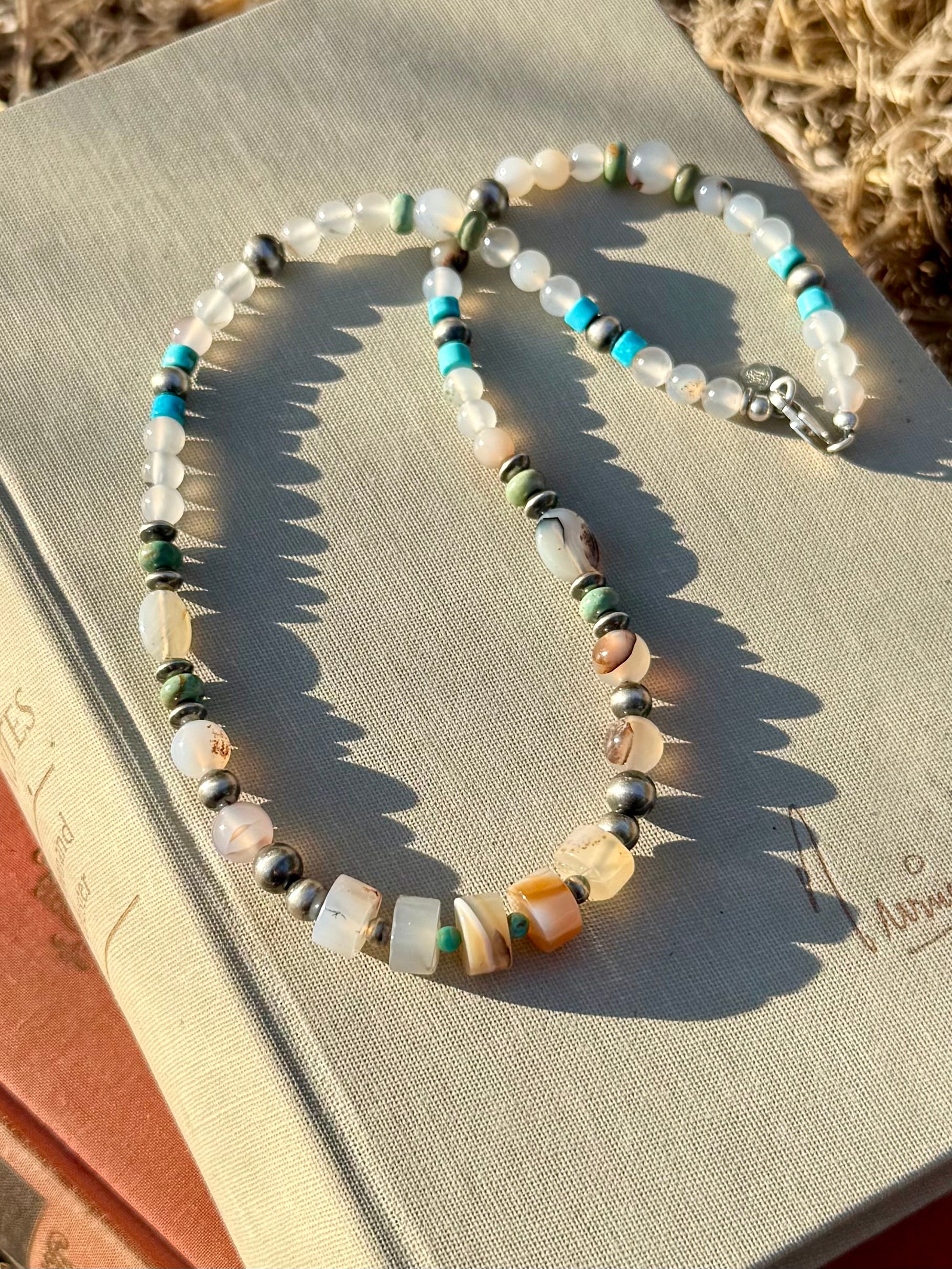 Montana agate Kingman turquoise and sterling silver pearl beaded necklace handmade by Donnalee Shewmake
