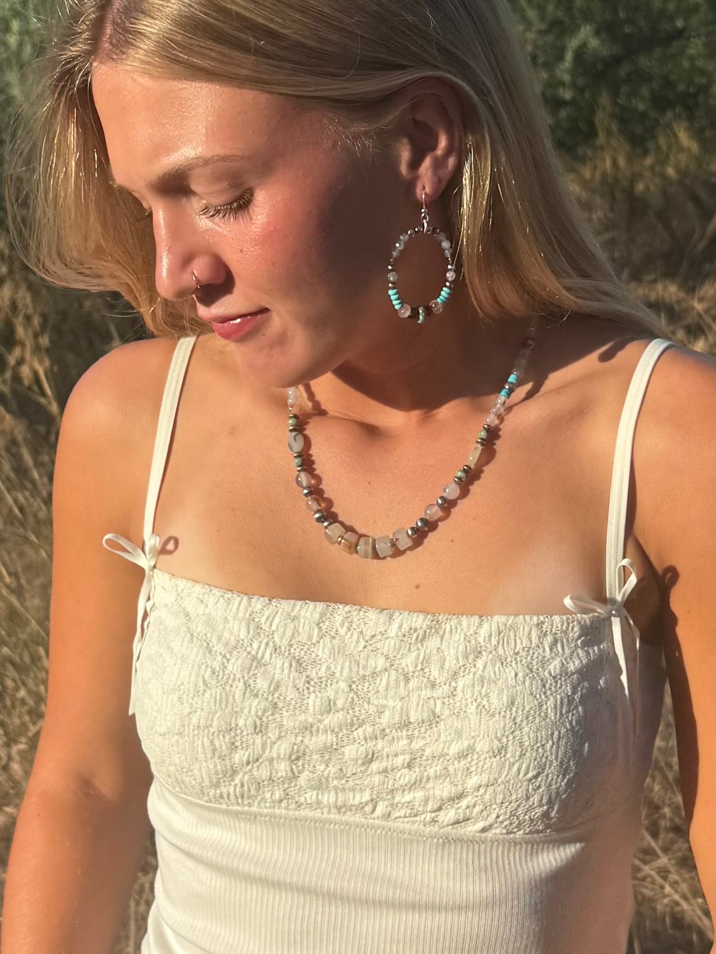 Montana Agate, Kingman Turquoise & Sterling Silver Pearl Beaded Necklace | Montana Collection