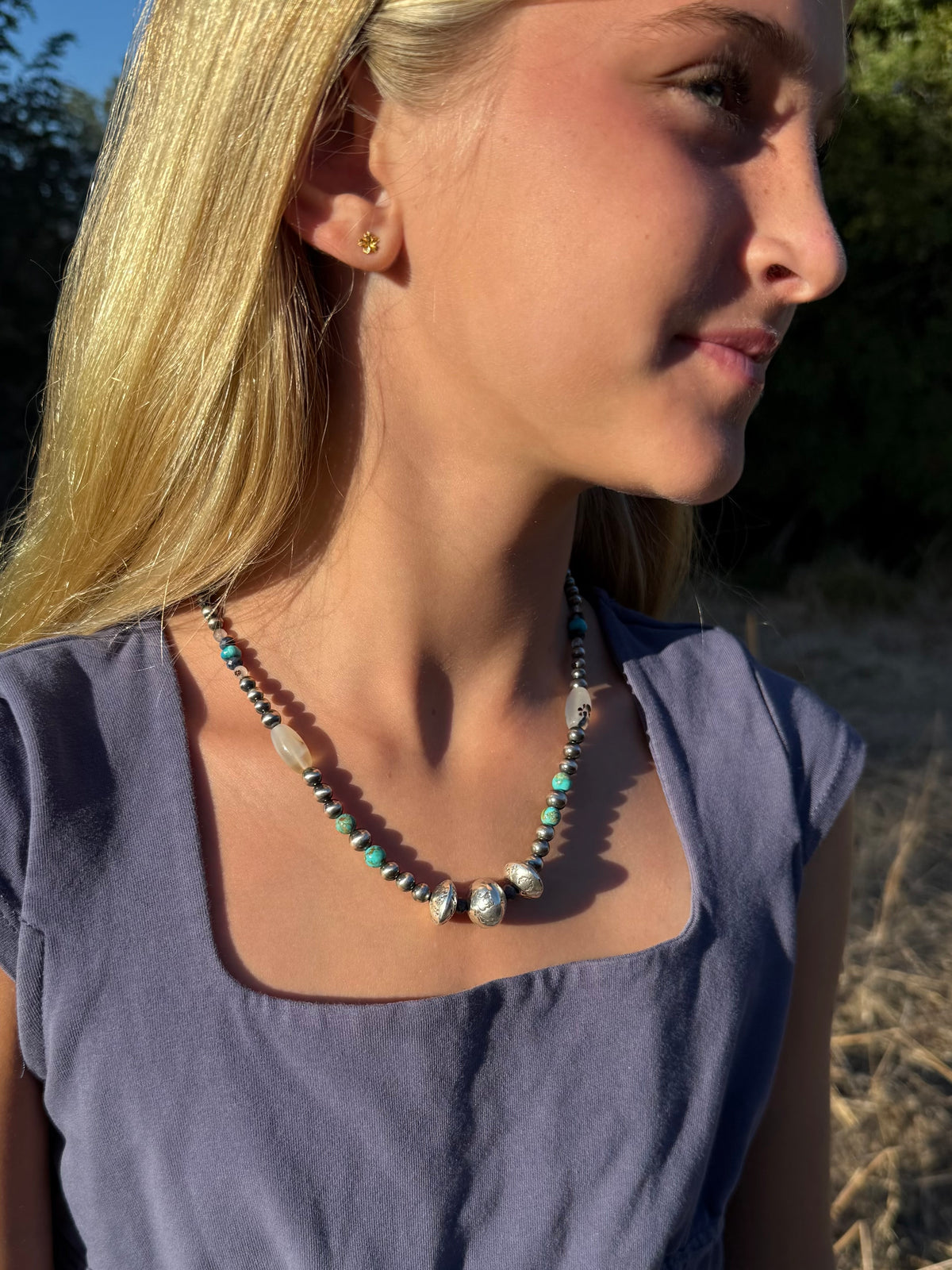 Montana Agate, Sapphire & Kingman Turquoise Necklace with Hand-Stamped Silver Pearls | Montana Collection