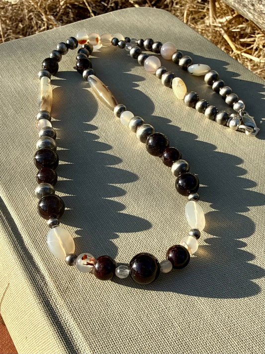 One of a kind Montana agate star garnet and sterling silver pearl necklace by Donnalee Silver