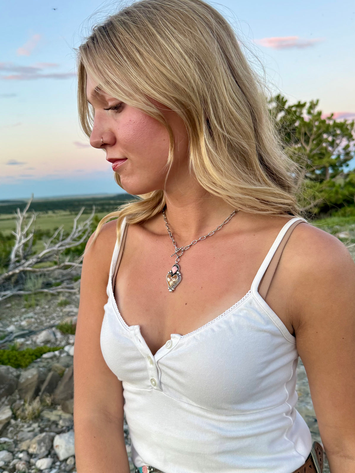 Spotted Fawn Jasper & Pink Conch Heart Sterling Silver Necklace | Montana Collection