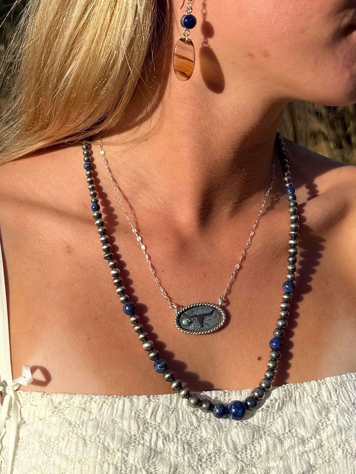 Hand Engraved Kingman Turquoise & Copper Longhorn Bar Necklace | Montana Collection