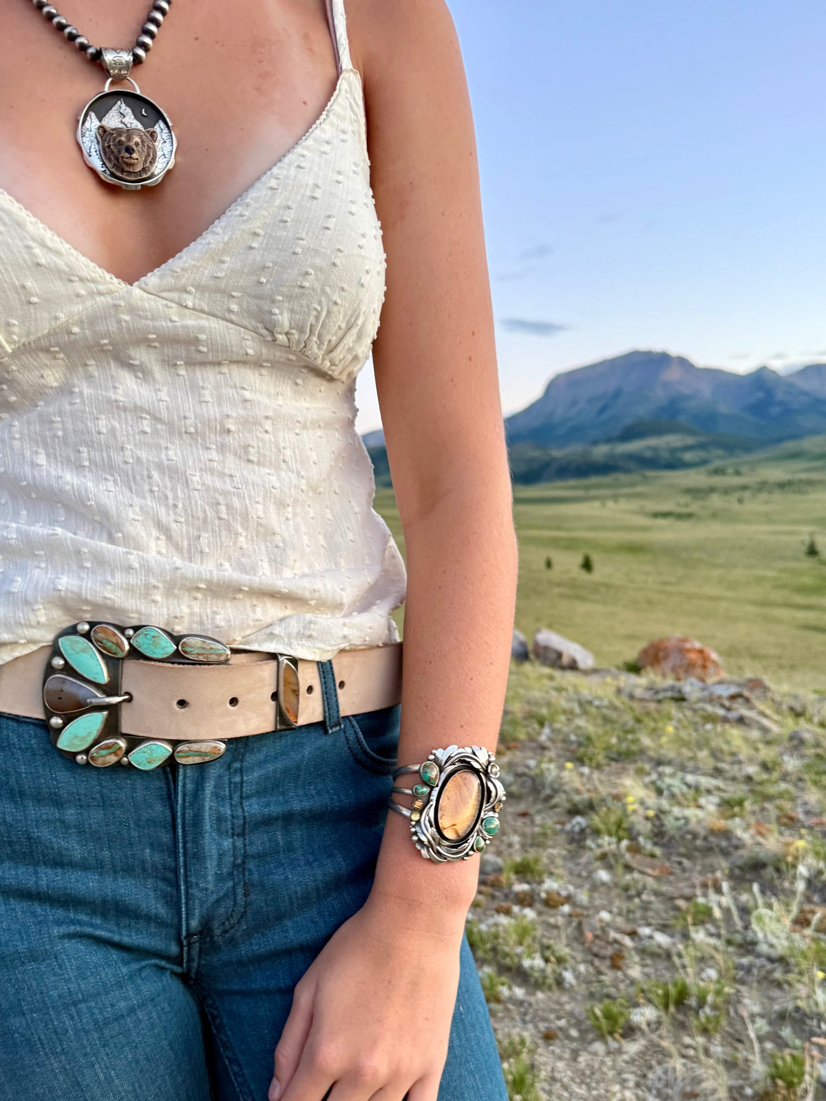 Montana Agate, Golden Rutilated Quartz & Kingman Turquoise Sterling Silver Statement Cuff | Montana Collection