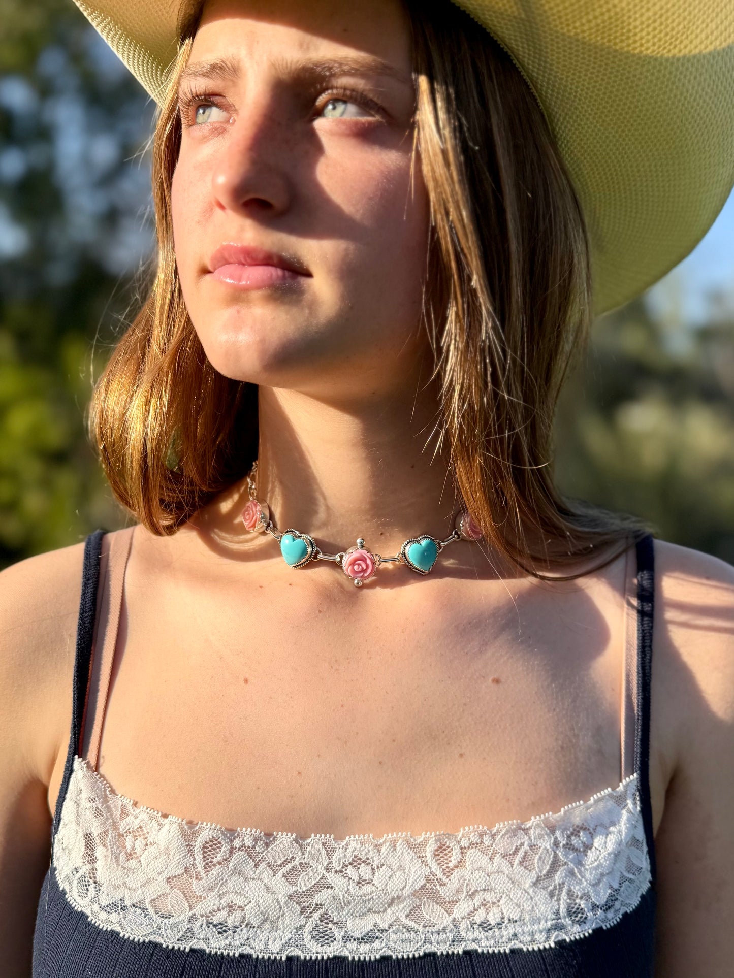 Kingman Turquoise Heart & Pink Conch Rose Necklace | Sterling Silver Boho Western Jewelry