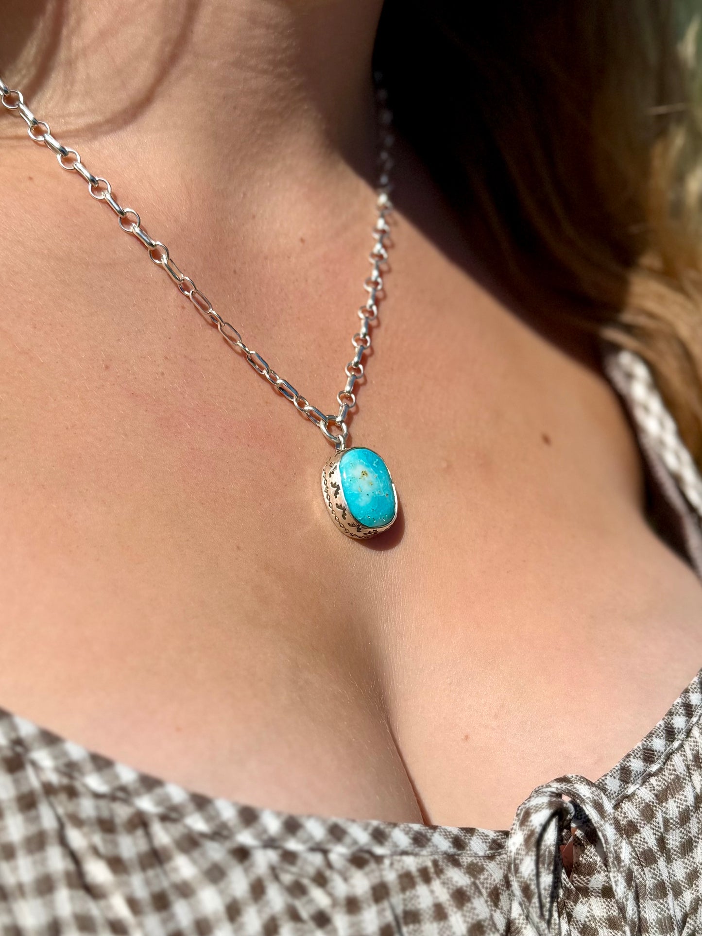 Handmade chunky Royston turquoise necklace with natural turquoise beads and sterling silver accents, bold western boho statement jewelry