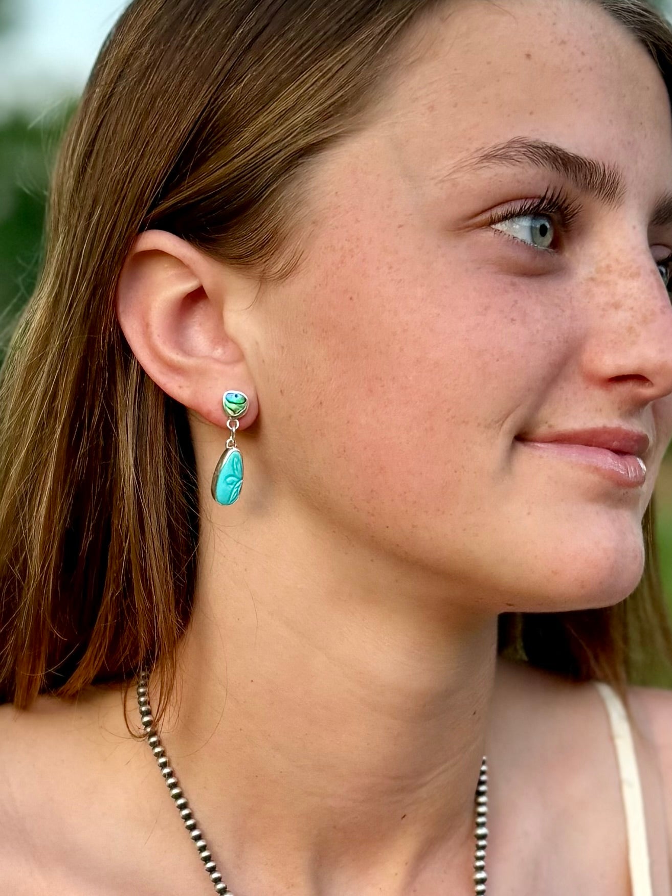 Hand Carved Persian Turquoise & Abalone Drop Stud Earrings – Sterling Silver | Spring Collection