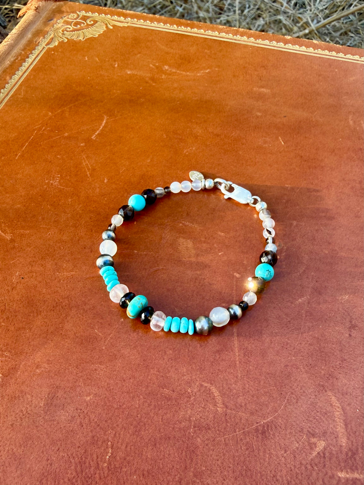 Montana Agate Kingman turquoise Smoky Quartz Rose Quartz and sterling silver beaded bracelet