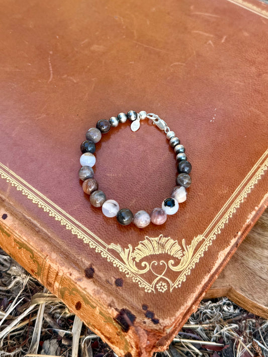 Handmade Montana Agate Petrified Wood and sterling silver beaded bracelet