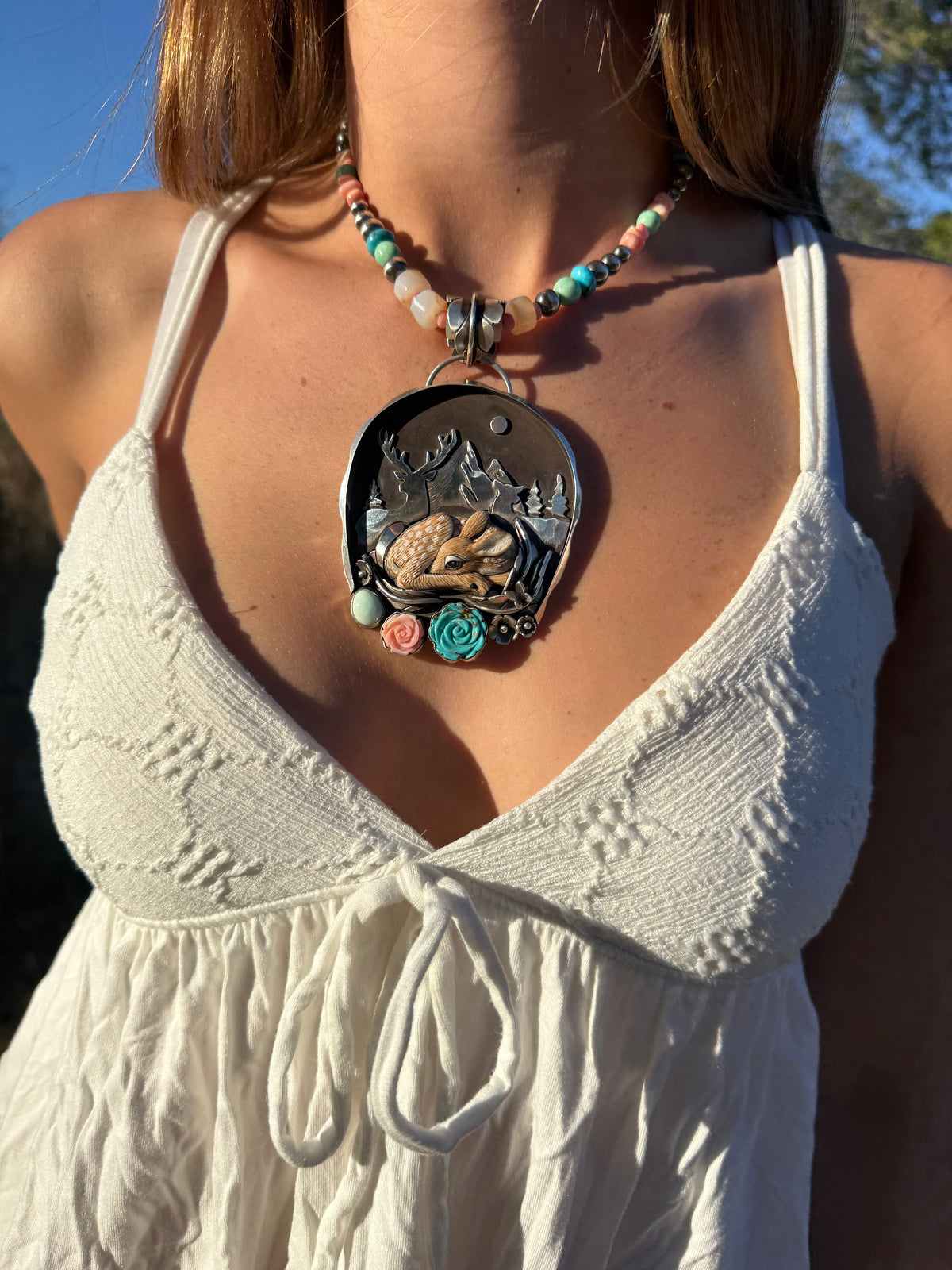 “The Story Time Pendant” Spotted Fawn Pendant | Kingman Turquoise, Palomino & Pink Conch | Montana Collection