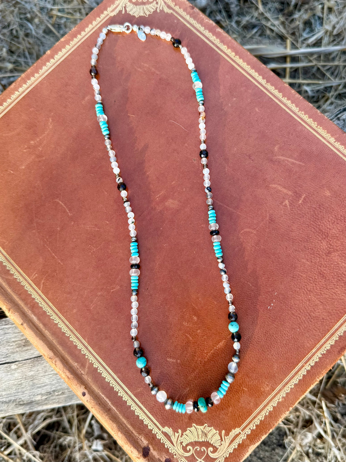 23 inch Montana Agate Kingman turquoise Smoky Quartz Rose Quartz and sterling silver beaded necklace