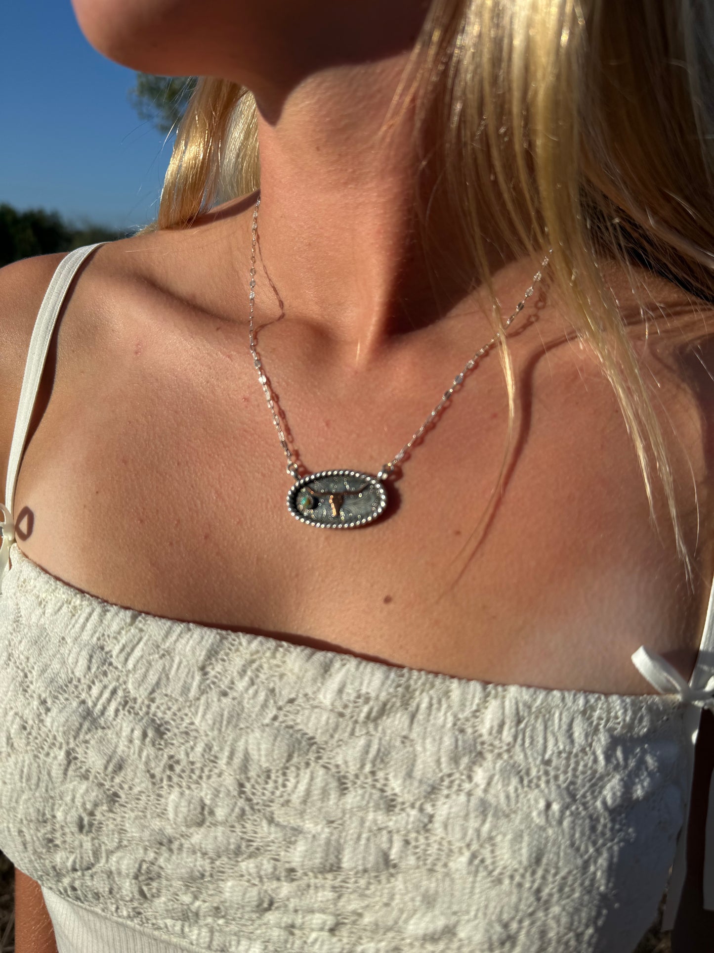 Hand Engraved Kingman Turquoise & Copper Longhorn Bar Necklace | Montana Collection